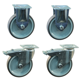 Wielenset 2x zwenkwiel met rem 2x bokwiel, 100mm diameter, TPE loopvlak, 121mm bouwhoogte