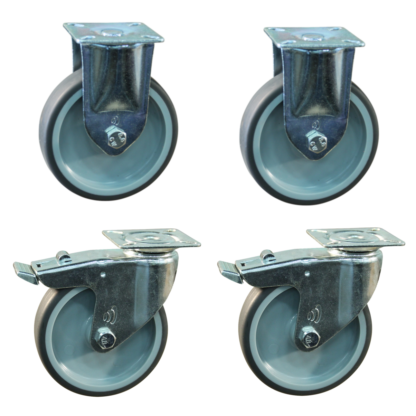 Wielenset 2x zwenkwiel met rem 2x bokwiel, 100mm diameter, TPE loopvlak, 121mm bouwhoogte