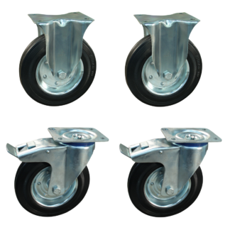 Wielenset 2x zwenkwiel met rem 2x bokwiel, 80mm diameter, rubber loopvlak, 108mm bouwhoogte