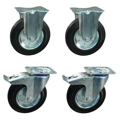 Wielenset 2x zwenkwiel met rem 2x bokwiel, 80mm diameter, rubber loopvlak, 108mm bouwhoogte