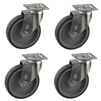 Wielenset 4x stalen zwenkwiel, 100mm diameter, TPE loopvlak, 121mm bouwhoogte