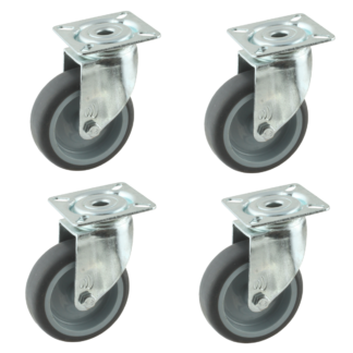 Wielenset 4x stalen zwenkwiel, 75mm diameter, TPE loopvlak, 99mm bouwhoogte