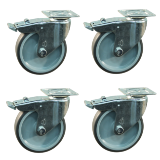 Wielenset 4x stalen zwenkwiel met rem, 100mm diameter, TPE loopvlak, 121mm bouwhoogte