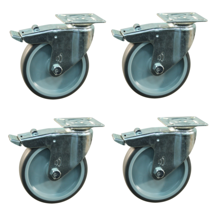 Wielenset 4x stalen zwenkwiel met rem, 100mm diameter, TPE loopvlak, 121mm bouwhoogte