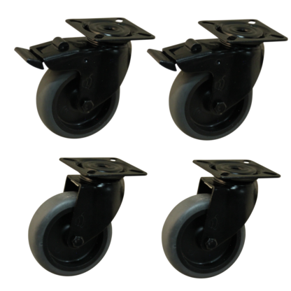 Wielenset 4x zwart zwenkwiel (2x met rem 2x zonder rem), 75mm diameter, TPE loopvlak, glijlager