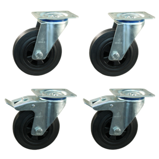 Wielenset 4x zwenkwiel (2x met rem 2x zonder rem), 100mm diameter, rubber loopvlak, rollager