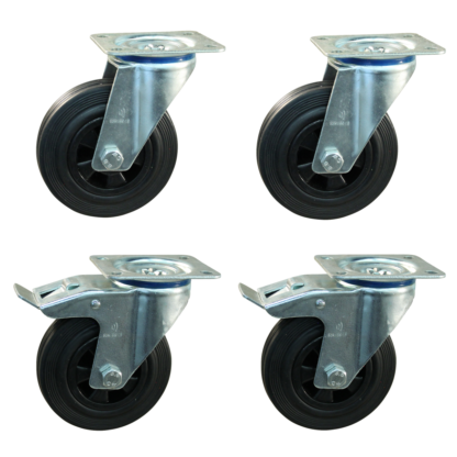 Wielenset 4x zwenkwiel (2x met rem 2x zonder rem), 100mm diameter, rubber loopvlak, rollager