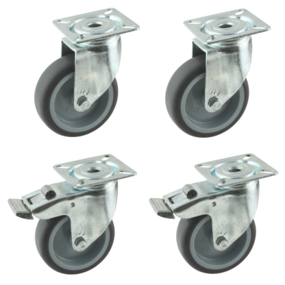 Wielenset 4x zwenkwiel (2x met rem 2x zonder rem), 75mm diameter, TPE loopvlak, glijlager