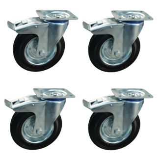 Wielenset 4x zwenkwiel met rem, 80mm diameter, rubber loopvlak, 108mm bouwhoogte