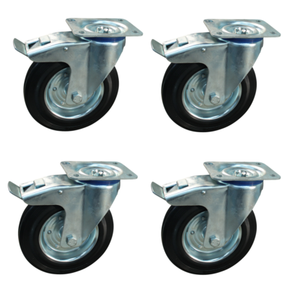 Wielenset 4x zwenkwiel met rem, 80mm diameter, rubber loopvlak, 108mm bouwhoogte