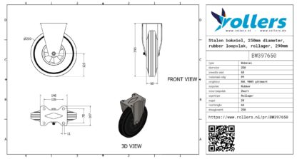 Stalen bokwiel, 250mm diameter, rubber loopvlak, rollager, 290mm bouwhoogte - Afbeelding 3