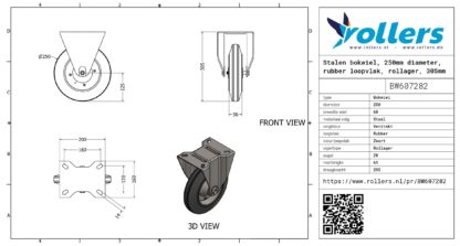 Stalen bokwiel, 250mm diameter, rubber loopvlak, rollager, 305mm bouwhoogte - Afbeelding 3