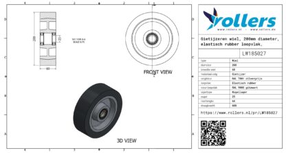 Gietijzeren wiel, 200mm diameter, elastisch rubber loopvlak, kogellager - Afbeelding 3