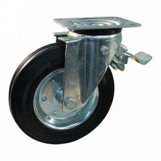 Stalen zwenkwiel, 250mm diameter, rubber loopvlak, rollager, dubbele rem, voorloop, ZW137995