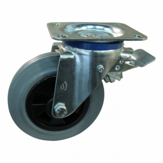 Stalen zwenkwiel, 250mm diameter, rubber loopvlak, rollager, dubbele rem, voorloop, ZW357795