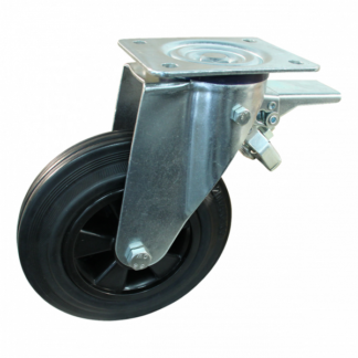 Stalen zwenkwiel, 250mm diameter, rubber loopvlak, rollager, dubbele rem, voorloop, ZW989368