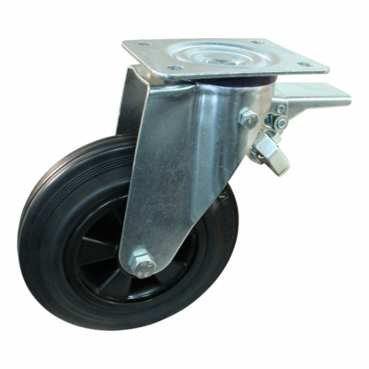 Stalen zwenkwiel, 250mm diameter, rubber loopvlak, rollager, dubbele rem, voorloop, ZW989368