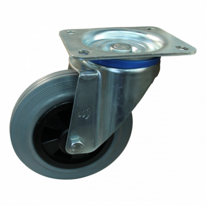 Stalen zwenkwiel, 250mm diameter, rubber loopvlak, rollager