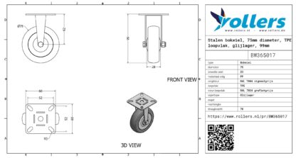Stalen bokwiel, 75mm diameter, TPE loopvlak, glijlager, 99mm bouwhoogte - Afbeelding 3