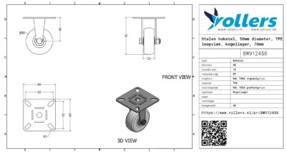 Stalen bokwiel, 50mm diameter, TPE loopvlak, kogellager, 70mm bouwhoogte - Afbeelding 3