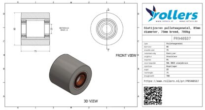 Gietijzeren palletwagenwiel, 85mm diameter, 75mm breed, 700kg draagvermogen - Afbeelding 3