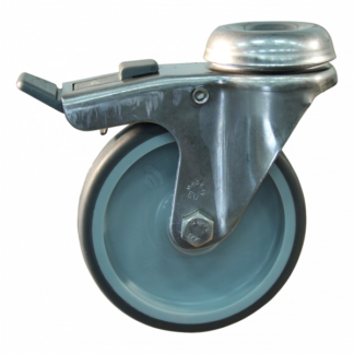 Rvs zwenkwiel, 75mm diameter, TPE loopvlak, glijlager, dubbele rem, naloop, ZW461105