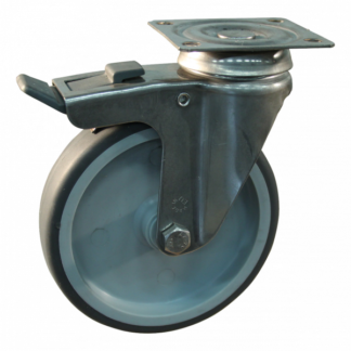 Rvs zwenkwiel, 75mm diameter, TPE loopvlak, glijlager, dubbele rem, naloop, ZW974032