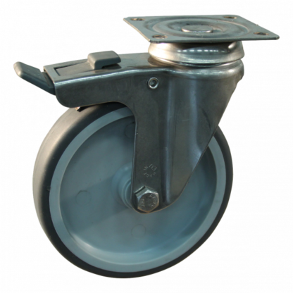 Rvs zwenkwiel, 75mm diameter, TPE loopvlak, glijlager, dubbele rem, naloop, ZW974032