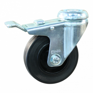 Stalen zwenkwiel, 100mm diameter, rubber loopvlak, rollager, dubbele rem, naloop, ZW235989