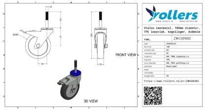 Stalen zwenkwiel, 100mm diameter, TPE loopvlak, kogellager, dubbele rem, naloop - Afbeelding 3
