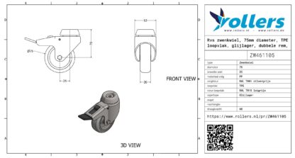 Rvs zwenkwiel, 75mm diameter, TPE loopvlak, glijlager, dubbele rem, naloop - Afbeelding 3