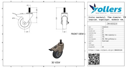 Stalen zwenkwiel, 75mm diameter, TPE loopvlak, kogellager, dubbele rem, naloop - Afbeelding 3
