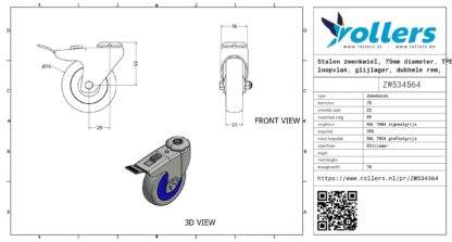 Stalen zwenkwiel, 75mm diameter, TPE loopvlak, glijlager, dubbele rem, naloop - Afbeelding 3
