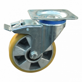 Stalen zwenkwiel, 100mm diameter, PU loopvlak, kogellager, dubbele rem, naloop, ZW987010