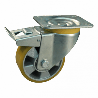 Stalen zwenkwiel, 160mm diameter, PU loopvlak, kogellager, dubbele rem, naloop, ZW338689
