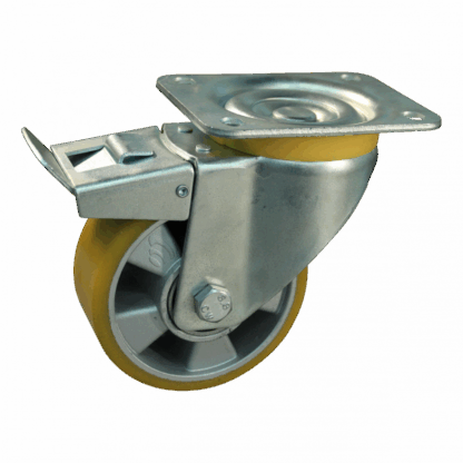 Stalen zwenkwiel, 160mm diameter, PU loopvlak, kogellager, dubbele rem, naloop, ZW338689