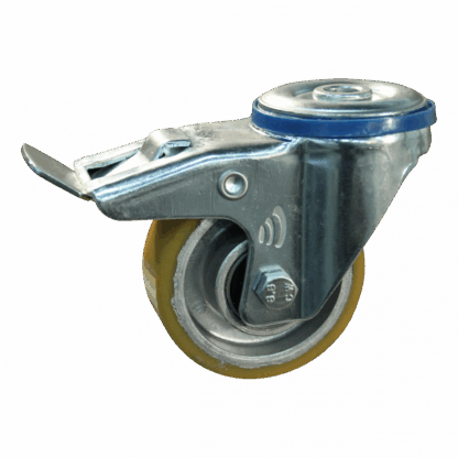 Stalen zwenkwiel, 80mm diameter, PU loopvlak, kogellager, dubbele rem, naloop, ZW513971