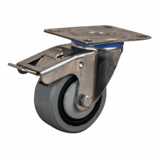 Rvs zwenkwiel, 80mm diameter, elastisch rubber loopvlak, kogellager, dubbele rem, naloop, ZW768878