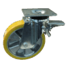 Stalen zwenkwiel, 250mm diameter, PU loopvlak, kogellager, dubbele rem, voorloop, ZW900451