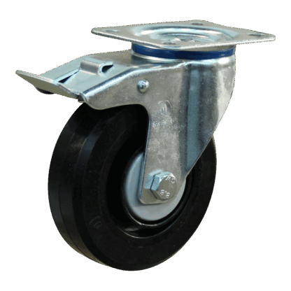 Stalen zwenkwiel, 125mm diameter, elastisch rubber loopvlak, kogellager, dubbele rem, naloop, ZW640536