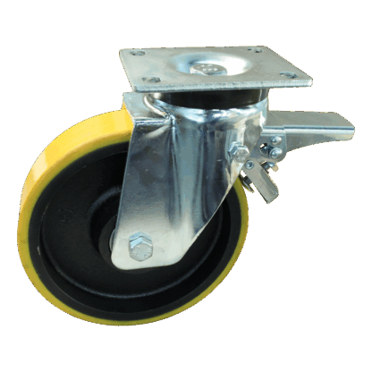 Stalen zwenkwiel, 250mm diameter, PU loopvlak, kogellager, dubbele rem, voorloop, ZW753166