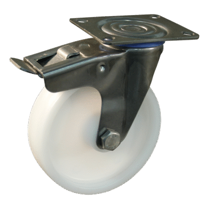 Rvs zwenkwiel, 80mm diameter, PA loopvlak, glijlager, dubbele rem, naloop, ZW406153