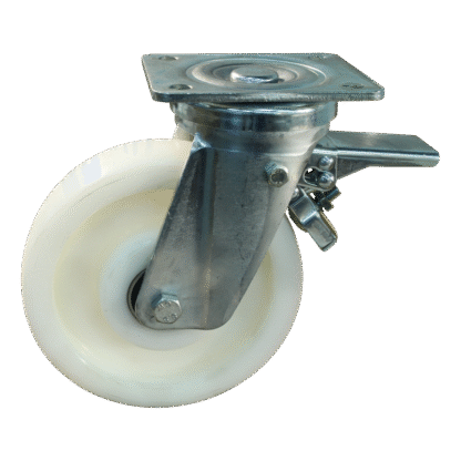 Stalen zwenkwiel, 200mm diameter, PA loopvlak, kogellager, dubbele rem, voorloop, ZW932245