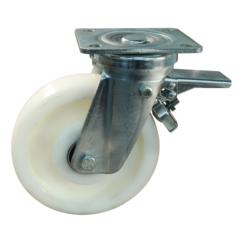 Stalen zwenkwiel, 200mm diameter, PA loopvlak, kogellager, dubbele rem, voorloop, ZW932245