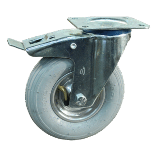 Stalen zwenkwiel, 200mm diameter, luchtband loopvlak, rollager, dubbele rem, naloop, ZW251279