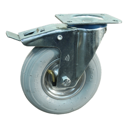 Stalen zwenkwiel, 200mm diameter, luchtband loopvlak, rollager, dubbele rem, naloop, ZW251279