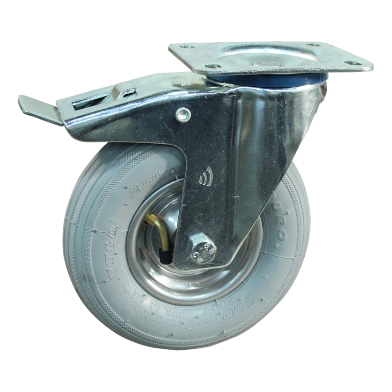 Stalen zwenkwiel, 200mm diameter, luchtband loopvlak, rollager, dubbele rem, naloop, ZW251279