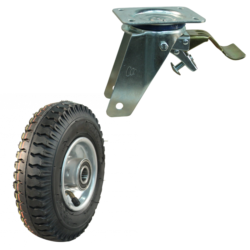 Stalen zwenkwiel, 220mm diameter, luchtband loopvlak, kogellager, dubbele rem, voorloop, ZW522327