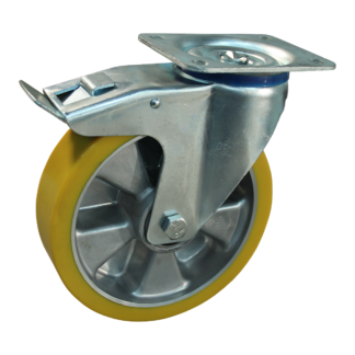 Stalen zwenkwiel, 100mm diameter, PU loopvlak, kogellager, dubbele rem, naloop, ZW553664