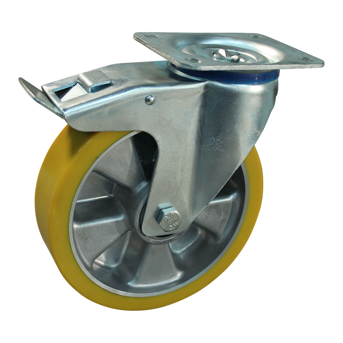 Stalen zwenkwiel, 100mm diameter, PU loopvlak, kogellager, dubbele rem, naloop, ZW553664